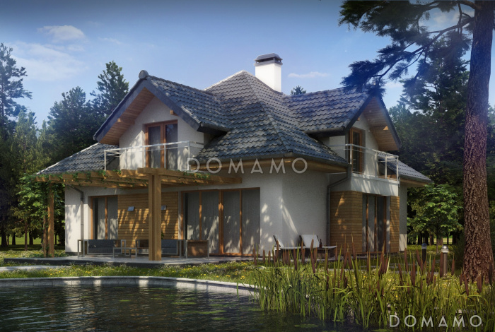 Проект классического одноэтажного мансардного дома из газобетона с дополнительной спальней на первом этаже, с тремя балконами и гаражом на два автомобиля