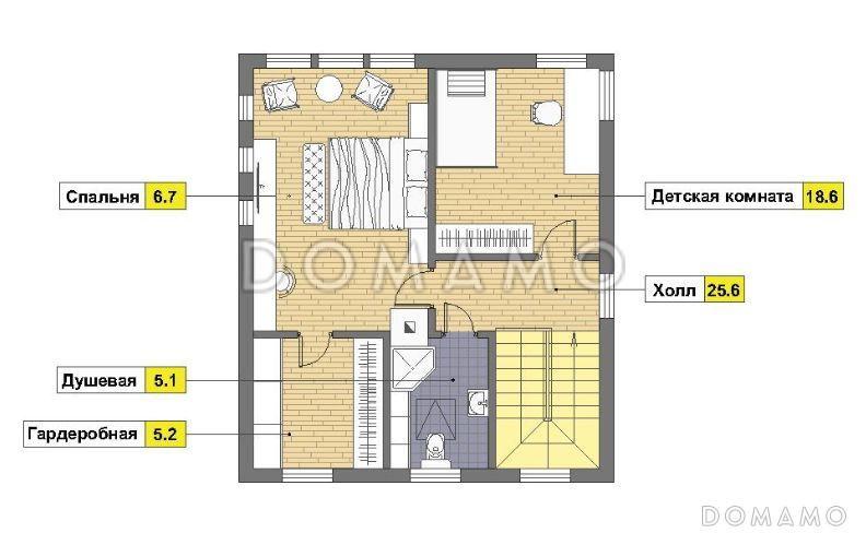 Проект дома из пеноблоков с навесом для машины и двумя спальнями на мансардном этаже / План мансардного этажа