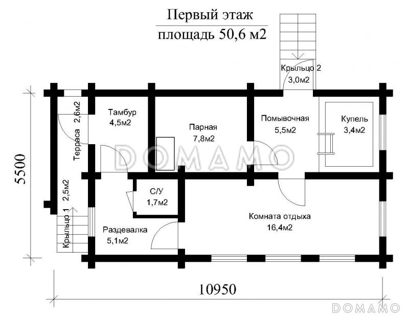 Проект одноэтажной бани из бруса / План 1 этажа