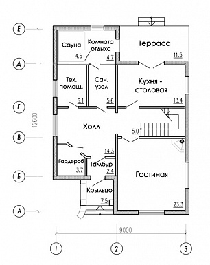 Проект двухэтажного дома из газобетона в стиле фахверк / План 1 этажа