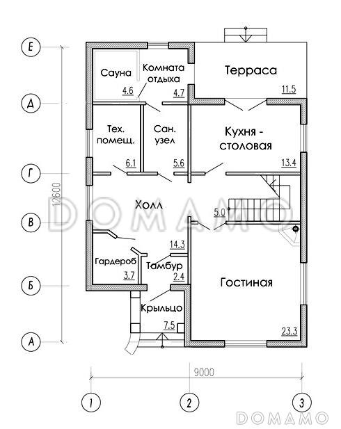 Проект двухэтажного дома из газобетона в стиле фахверк / План 1 этажа