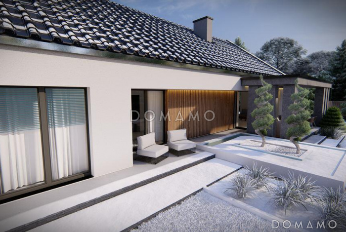 Проект одноэтажного дома с гаражом на две машины, кухней по одной стене с кладовой, кабинетом Проект одноэтажного дома с гаражом на две машины, кухней по одной стене с кладовой, кабинетом