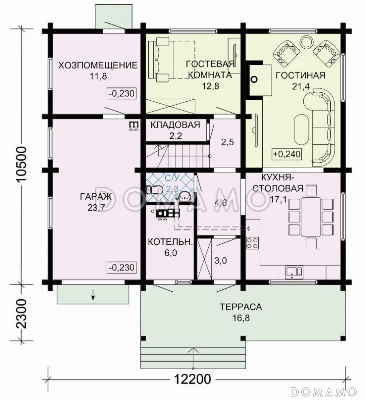Проект комфортабельного дома из бруса с гаражом и изящной террасой / План 1 этажа