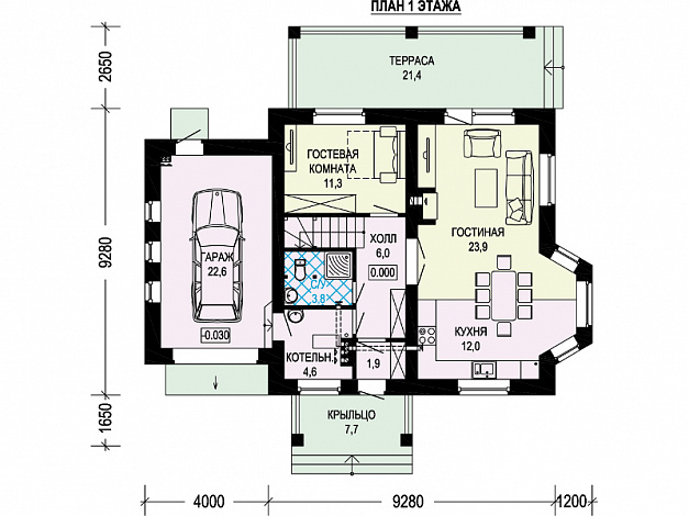 Проект дома из кирпича с гаражом, эркером в кухне, террасой / План 1 этажа