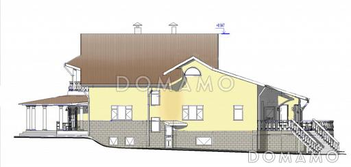 Проект одноэтажного дома с мансардным и цокольным этажами, с бассейном и зимним садом / Фасад 4