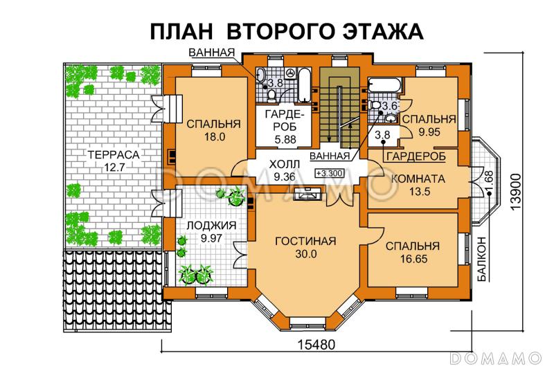Проект дома из пеноблоков с бильярдной и небольшой сауной / План 2 этажа