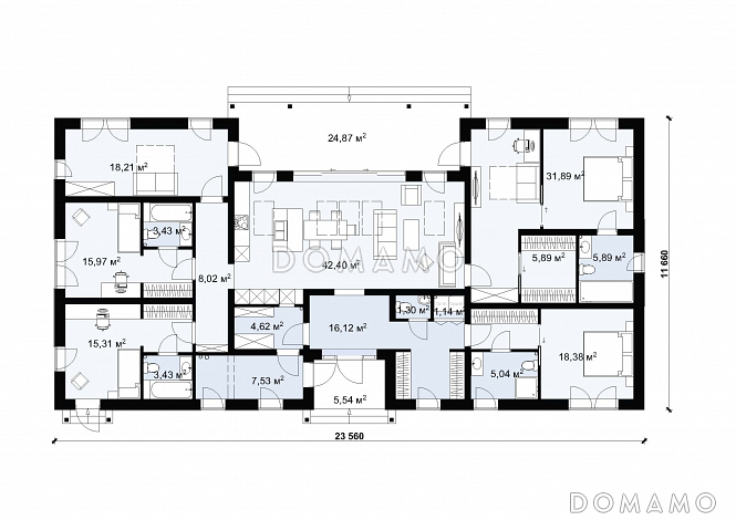 Проект одноэтажного вытянутого по длине дома S-232 / План 1 этажа
