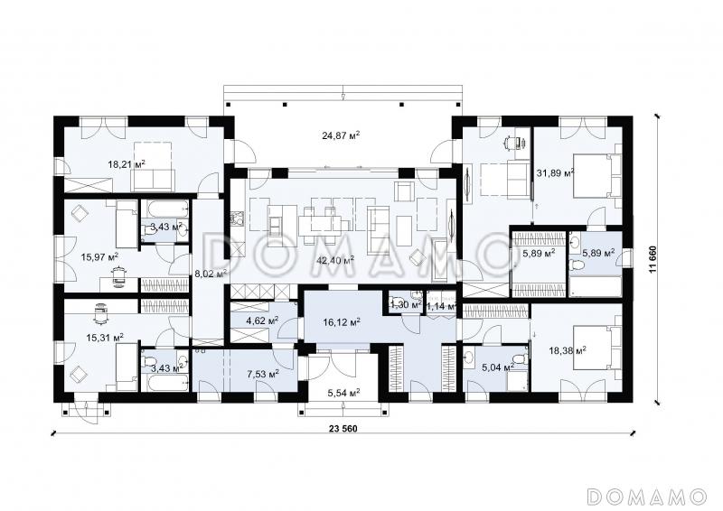 Проект одноэтажного вытянутого по длине дома S-232 / План 1 этажа