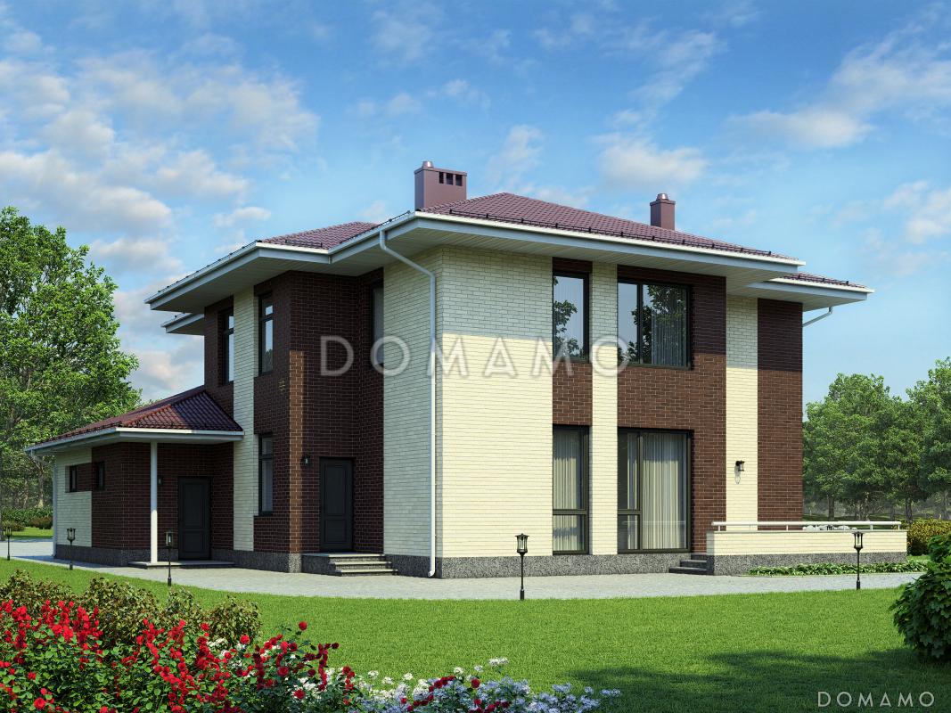 Проект двухэтажного дома из СИП панелей с окнами в пол в гостиной / 3