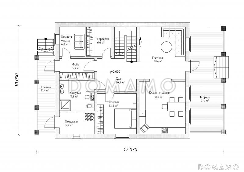 Проект коттеджа с оштукатуренными стенами / План 1 этажа