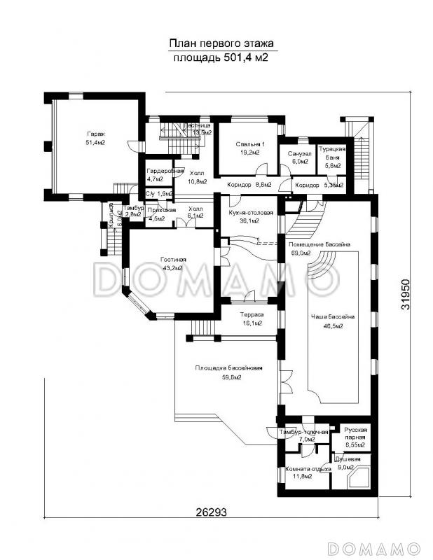 Проект двухэтажного дома с подвалом и пристроенным небольшим бассейном / План 1 этажа