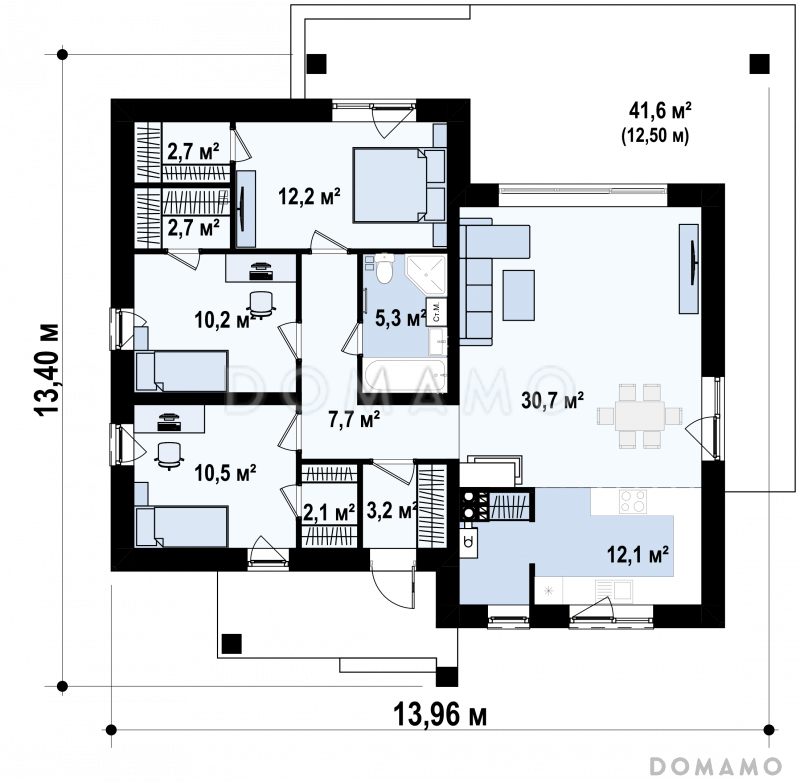 Проект небольшого современного одноэтажного дома из кирпича с тремя спальнями и красивой террасой / План 1 этажа