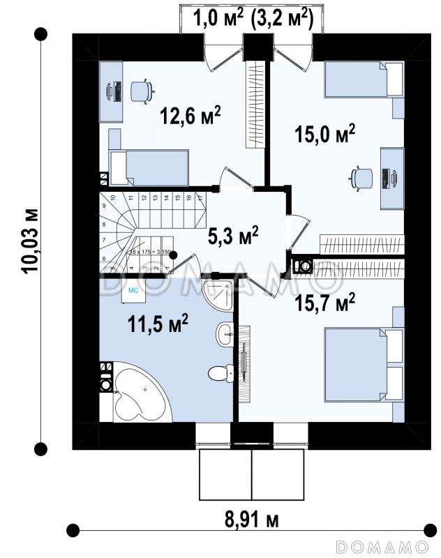Проект комфортного загородного с отделкой фасадов кирпичом, кладовой, с террасой, балконом / План мансардного этажа