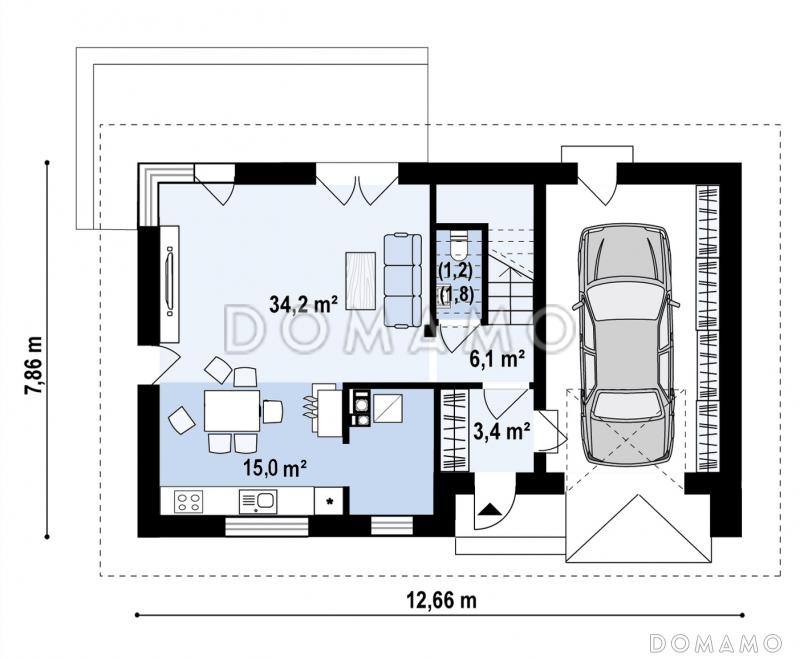 Проект комфортного одноэтажного загородного дома с мансардой, гаражом, санузлом на первом этаже, просторной дневной зоной / План 1 этажа