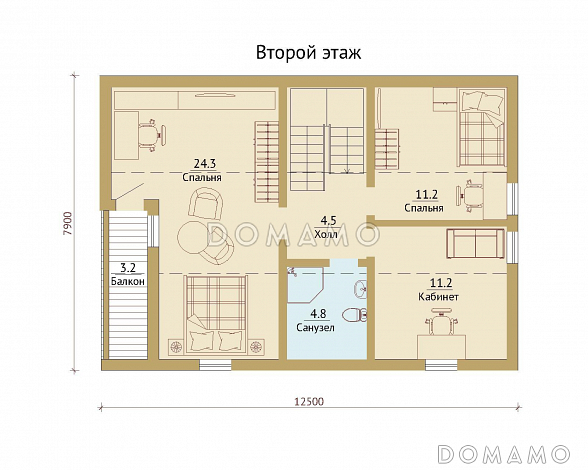 Проект двухэтажного каркасного дома с эркерами / План мансардного этажа
