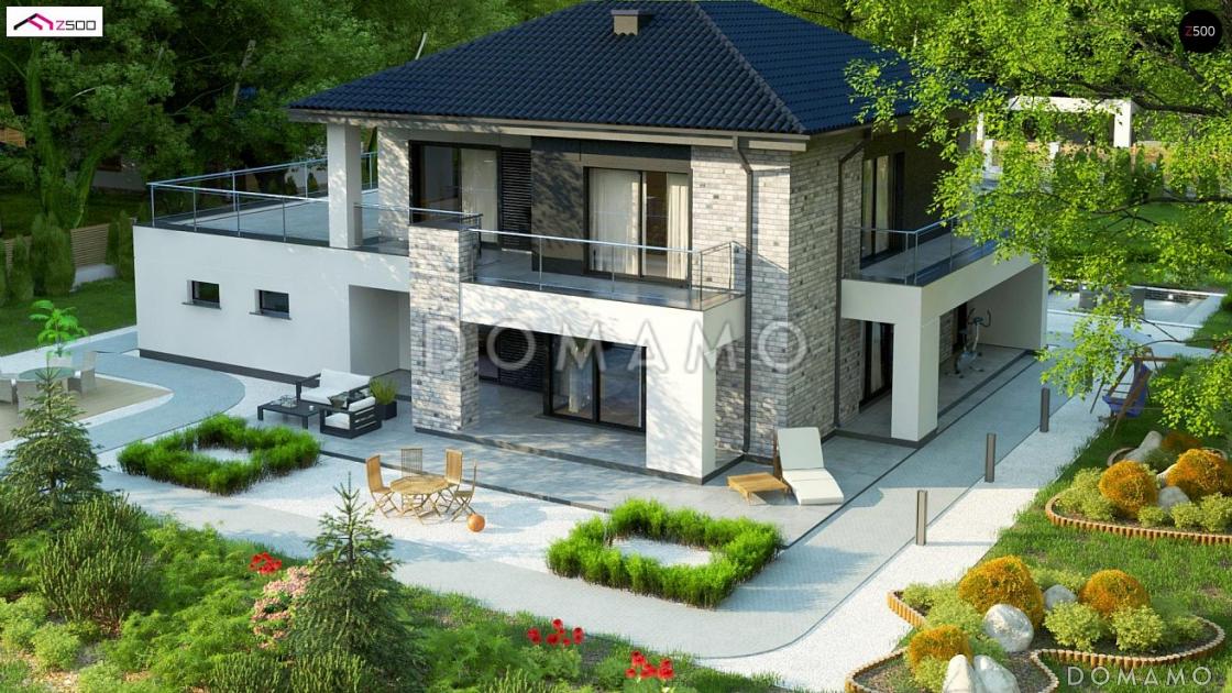Проект двухэтажного дома из газобетона с гаражом и террасой на втором уровне по периметру дома / 1