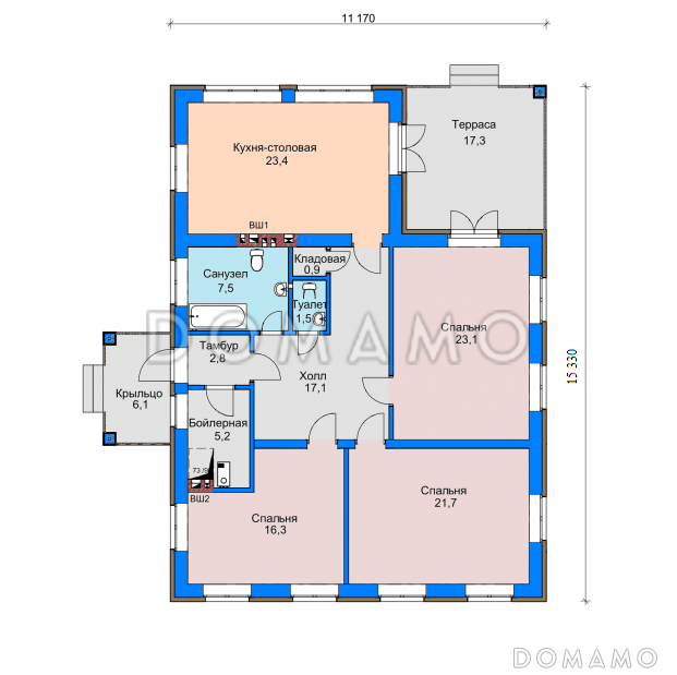Проект дома с выходом на террасу из спальни и кухни, кладовой, двумя санузлами  / План 1 этажа