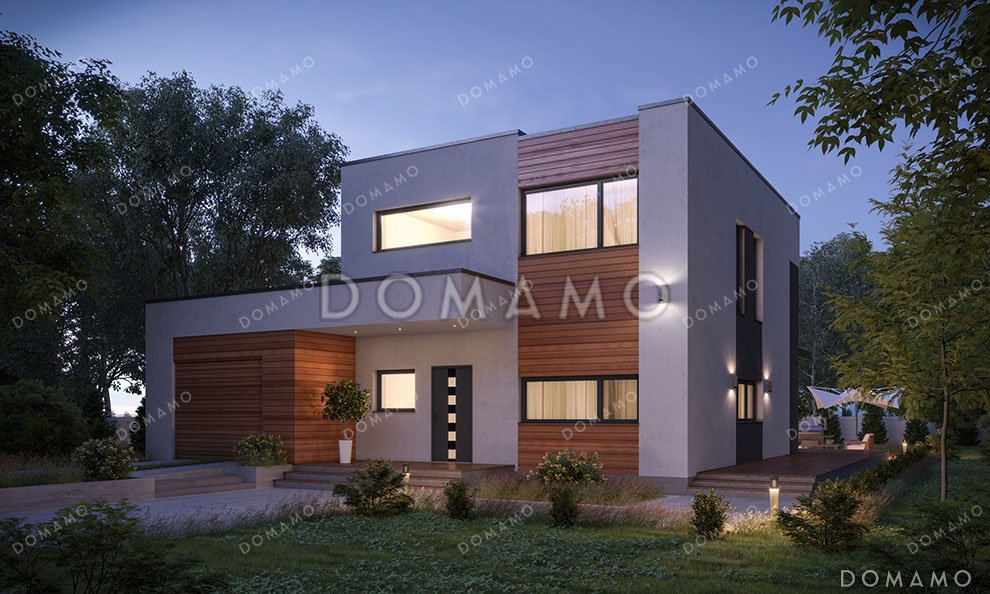 Проект двухэтажного дома с просторной террасой и плоской кровлей / 1