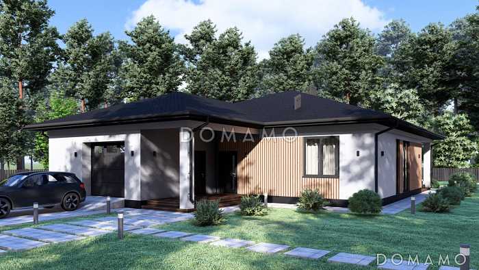 Проект большого одноэтажного дома с гаражом на одну машину в стиле Райт S-194