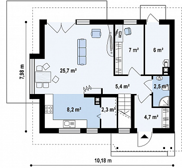 Проект небольшого одноэтажного мансардного дома из кирпича с кабинетом на первом этаже и эркером / План 1 этажа Проект небольшого одноэтажного мансардного дома из кирпича с кабинетом на первом этаже и эркером / План 1 этажа