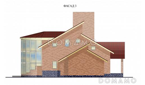 Проект одноэтажного дома с мансардой, цоколем и чердаком, со стеклянным эркером / Фасад 3