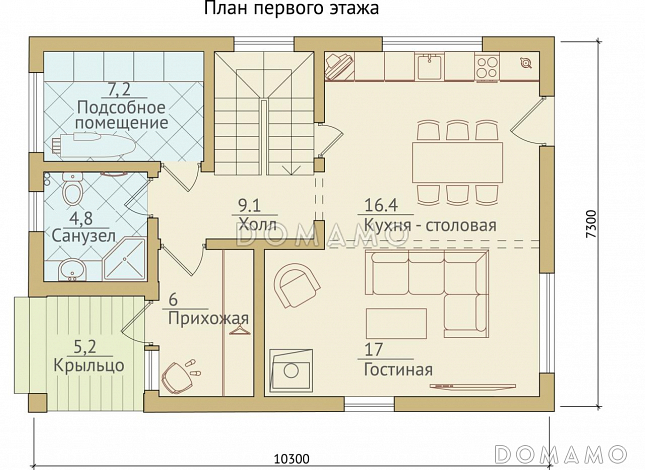 Проект современного двухэтажного каркасного дома / План 1 этажа Проект современного двухэтажного каркасного дома / План 1 этажа