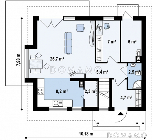 Проект небольшого одноэтажного мансардного дома из кирпича с кабинетом на первом этаже и эркером / План 1 этажа Проект небольшого одноэтажного мансардного дома из кирпича с кабинетом на первом этаже и эркером / План 1 этажа