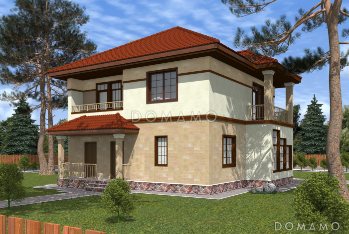 Проект двухэтажного коттеджа с террасой и двумя балконами