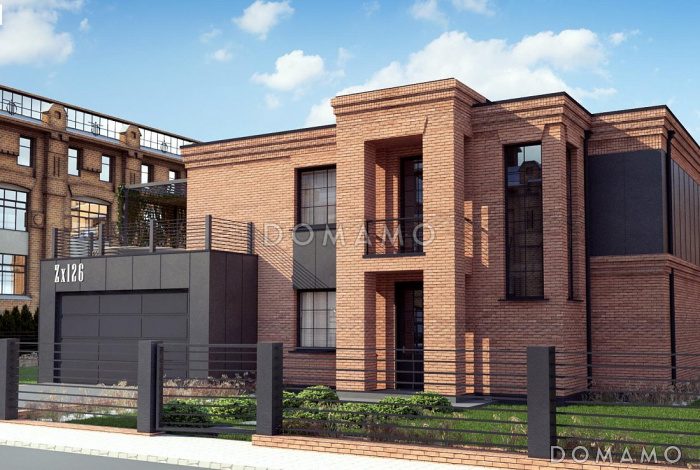 Проект современного двухэтажного коттеджа из кирпича с большой площадью остекления, вторым светом и гаражом