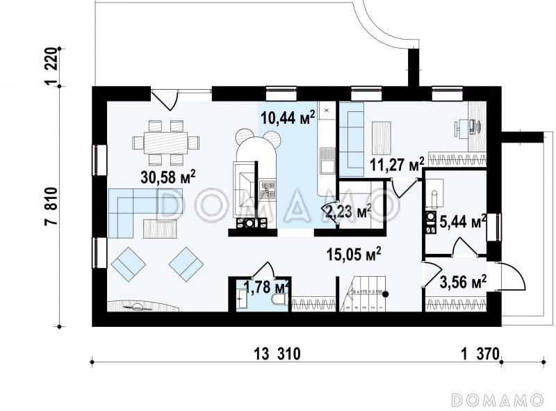 Проект двухэтажного дома из кирпича с двухскатной крышей с четырьмя комнатами и длинным общим балконом / План 1 этажа