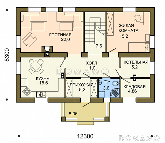 Проект уютного загородного дома с ажурным крыльцом под зеленой крышей / План 1 этажа Проект уютного загородного дома с ажурным крыльцом под зеленой крышей / План 1 этажа