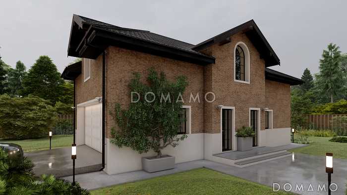 Проект гаража из газобетона с мансардным этажом и облицовкой из кирпича Проект гаража из газобетона с мансардным этажом и облицовкой из кирпича