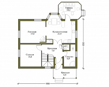 Проект коттеджа из бруса с верандой / План 1 этажа Проект коттеджа из бруса с верандой / План 1 этажа