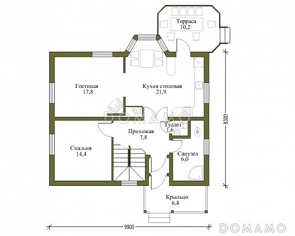 Проект коттеджа из бруса с верандой / План 1 этажа Проект коттеджа из бруса с верандой / План 1 этажа