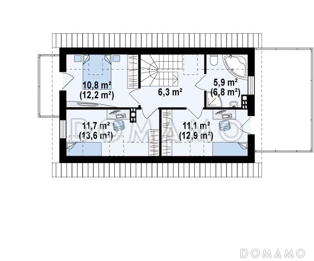 Проект мансардного одноэтажного дома из газобетона с тремя спальнями, гаражом и террасой над ним / План мансардного этажа