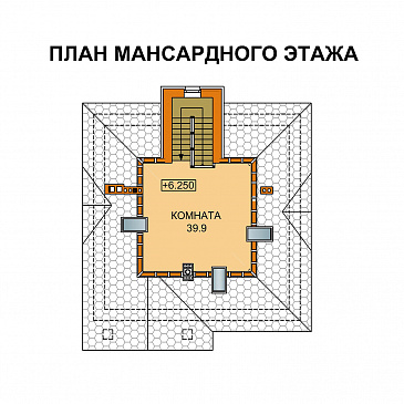 Проект дома с цокольным этажом и большой крытой террасой / План мансардного этажа Проект дома с цокольным этажом и большой крытой террасой / План мансардного этажа
