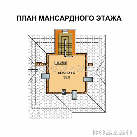 Проект дома с цокольным этажом и большой крытой террасой / План мансардного этажа Проект дома с цокольным этажом и большой крытой террасой / План мансардного этажа