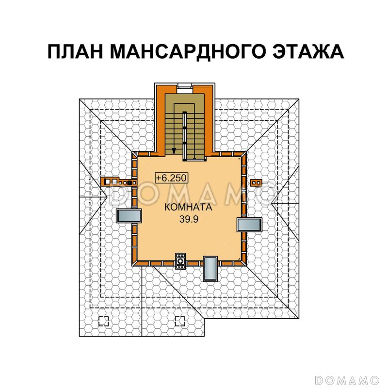 Проект дома с цокольным этажом и большой крытой террасой / План мансардного этажа