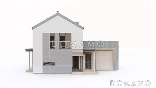 Проект загородного двухэтажного дома с гаражом и террасой над ним, кухней с двумя окнами, кладовой / Фасад 4