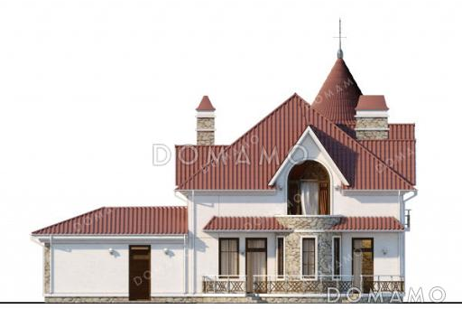 Проект дома-замка с гаражом на два автомобиля, башенкой и полукруглой террасой / Фасад 3
