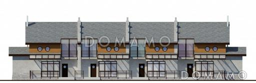 Проект дома с крытой террасой, балконами, круглыми окнами, большой кухней-столовой / Фасад 3