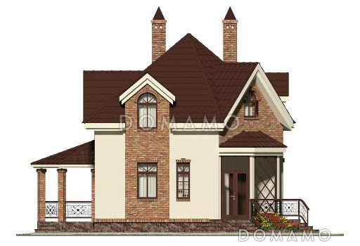 Проект квадратного кирпичного коттеджа  со входом с угла / Фасад 1