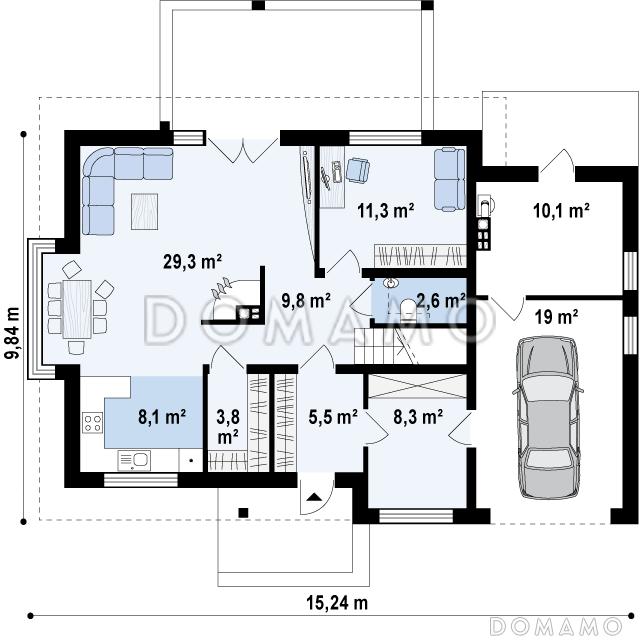 Проект одноэтажного мансардного дома из газобетона с остеклённым прямоугольным эркером, панорамными окнами на мансарде и гаражом  / План 1 этажа