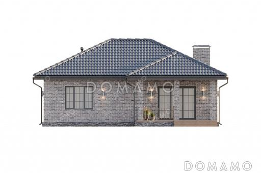 Проект одноэтажного дома с общей вальмовой кровлей над входной группой и террасой и отделкой фасада кирпичом / Фасад 2