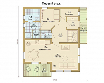 Проект каркасного дома с балконами на втором этаже / План 1 этажа