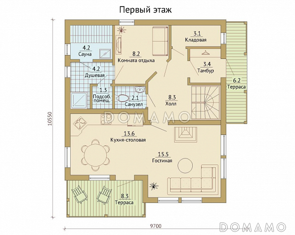 Проект каркасного дома с балконами на втором этаже / План 1 этажа