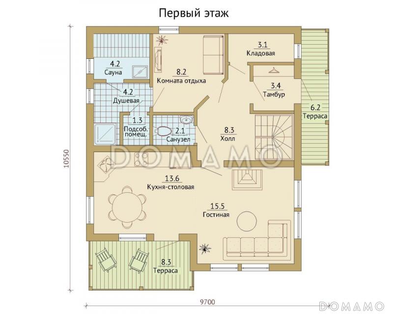 Проект каркасного дома с балконами на втором этаже / План 1 этажа