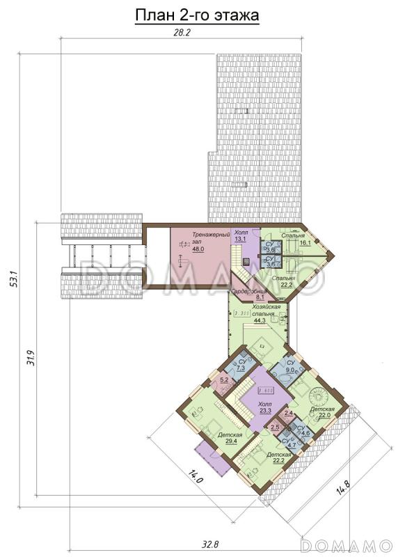 Проект большого двухэтажного дома с цокольным этажом, гаражом на три автомобиля, бассейном и зимним садом / План 2 этажа