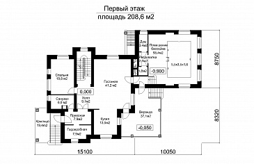 Проект загородного дома с подвалом и пристроенным бассейном / План 1 этажа Проект загородного дома с подвалом и пристроенным бассейном / План 1 этажа