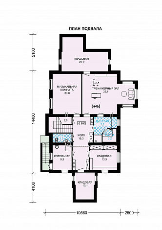 Проект дома из газобетона с просторным балконом на втором этаже / План цокольного этажа
